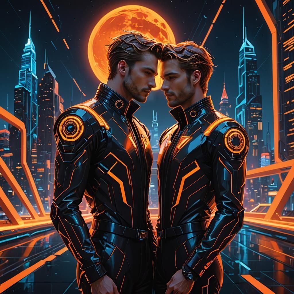 Gay Couple in Tron Suits, Cyberpunk Romance Art