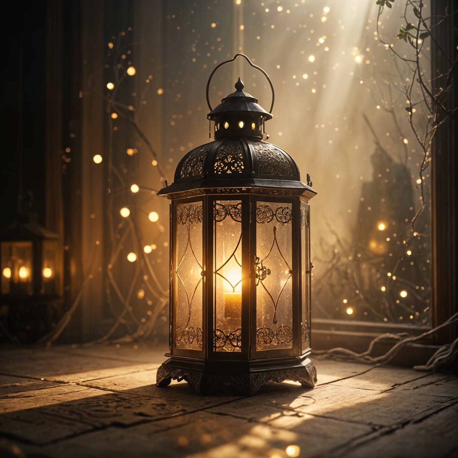 Ornate Lantern Radiating Golden Light in Darkness