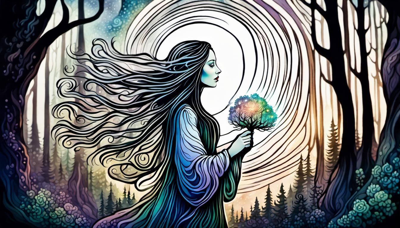 Woman with Flower in Forest, Watercolor Fairytale