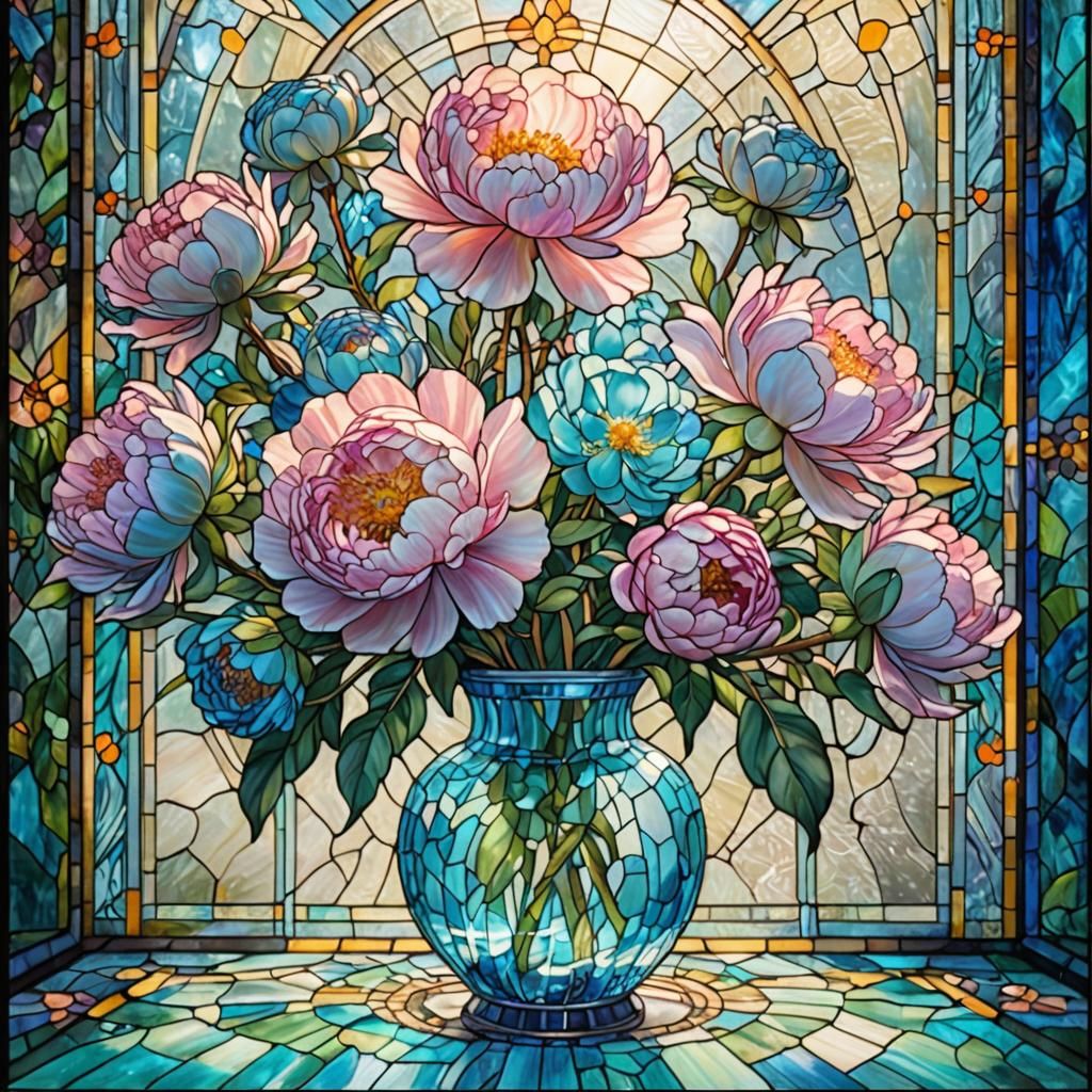 Luminous Stained Glass Window with Flowers