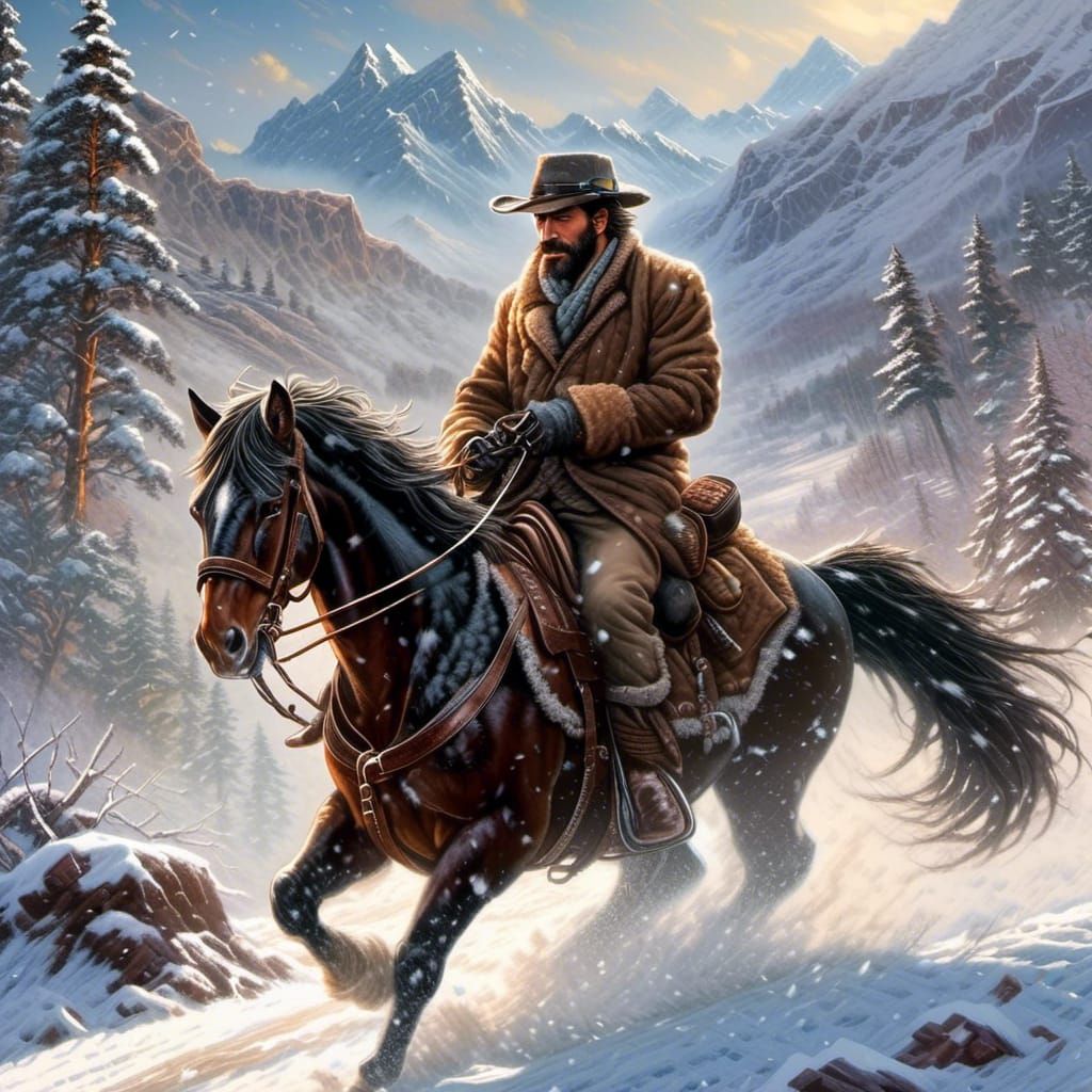 Arthur Morgan. Snowy mountain track and lone rider