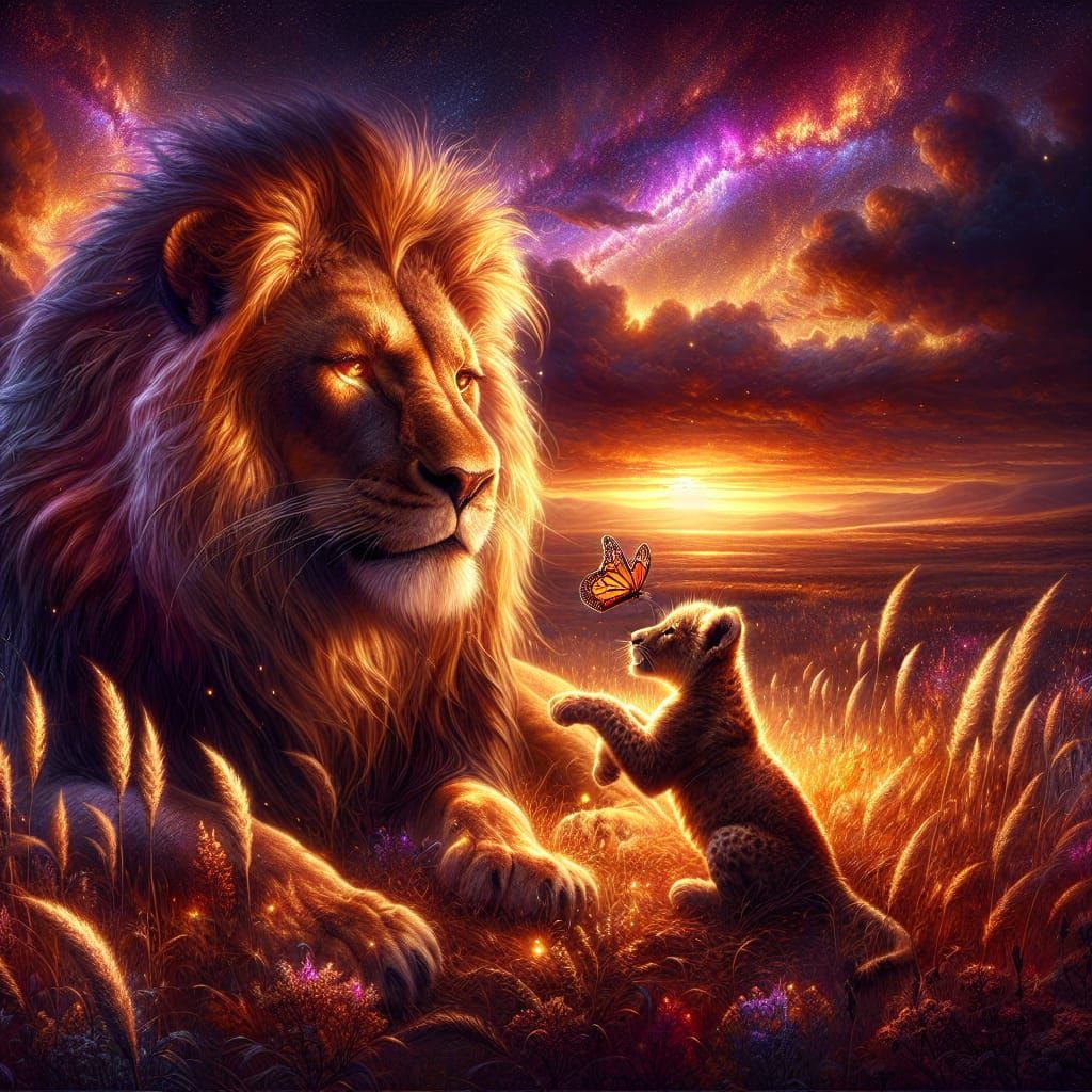 Majestic Lion and Cub at Sunset in Romantic Style