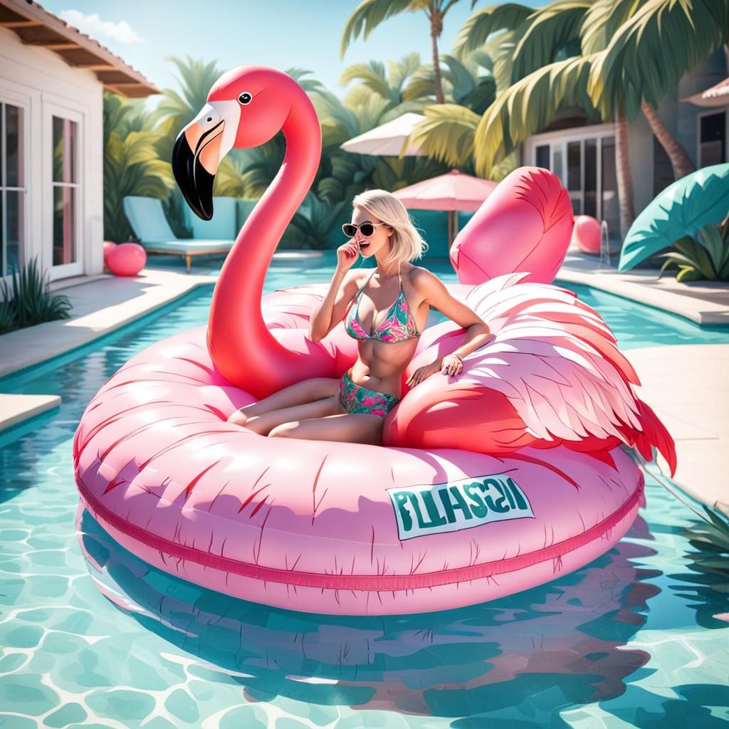 Anthropomorphic Flamingo Lounging in a Pool