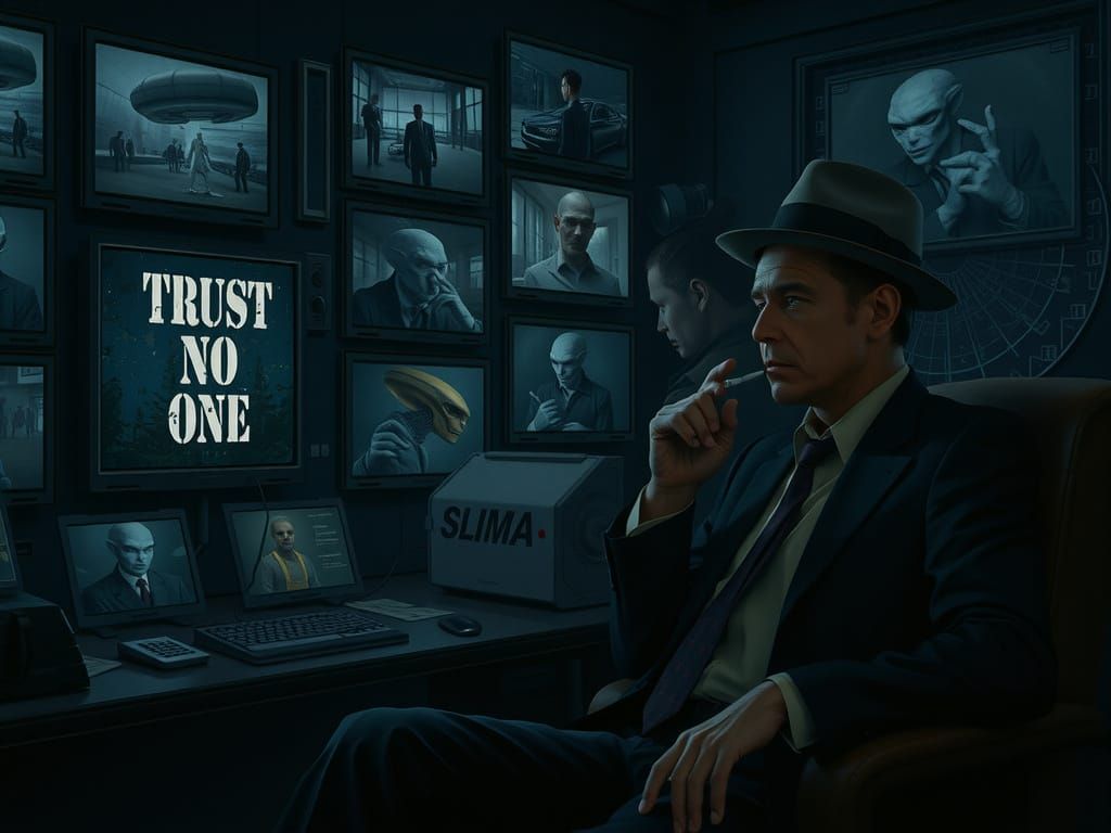 Smoking Man Watches Monitors in Dystopian Future