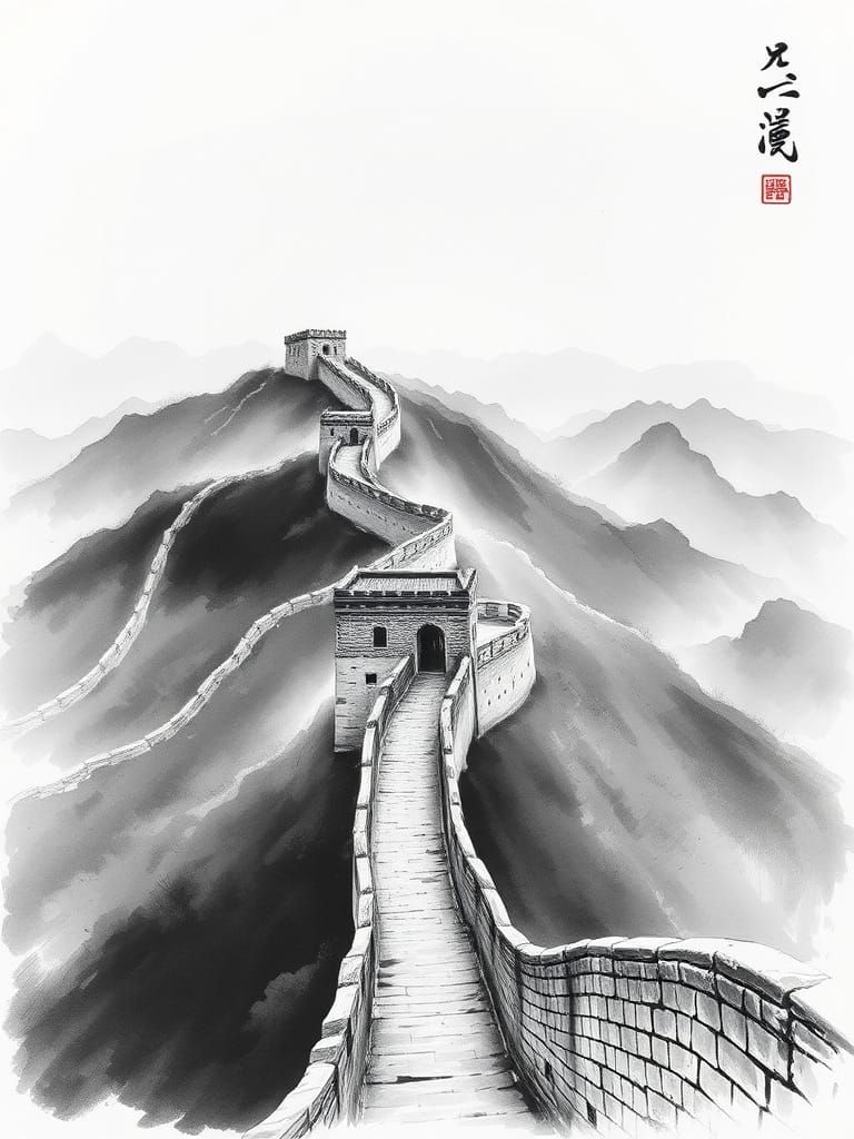 Loose Chinese style black and white ink brush painting of th...