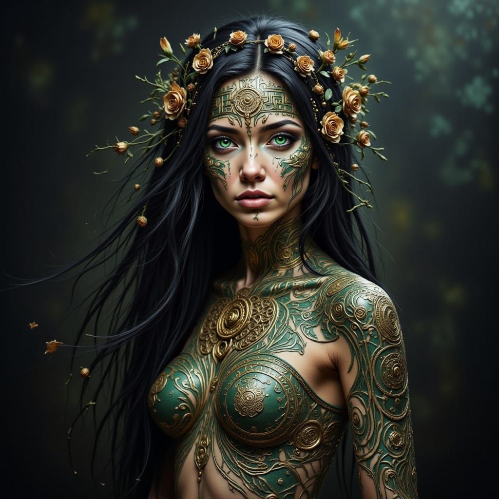 Mysterious Forest Oracle with Glowing Tribal Patterns