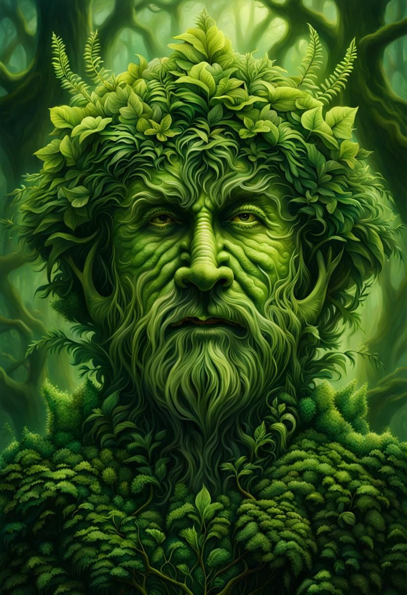 Detailed Green Man Portrait in Digital Painting Style