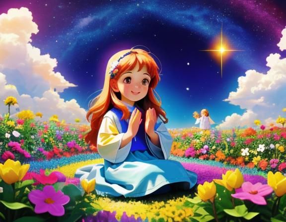 Jesus in Flower Garden with Angels as Mixed Media