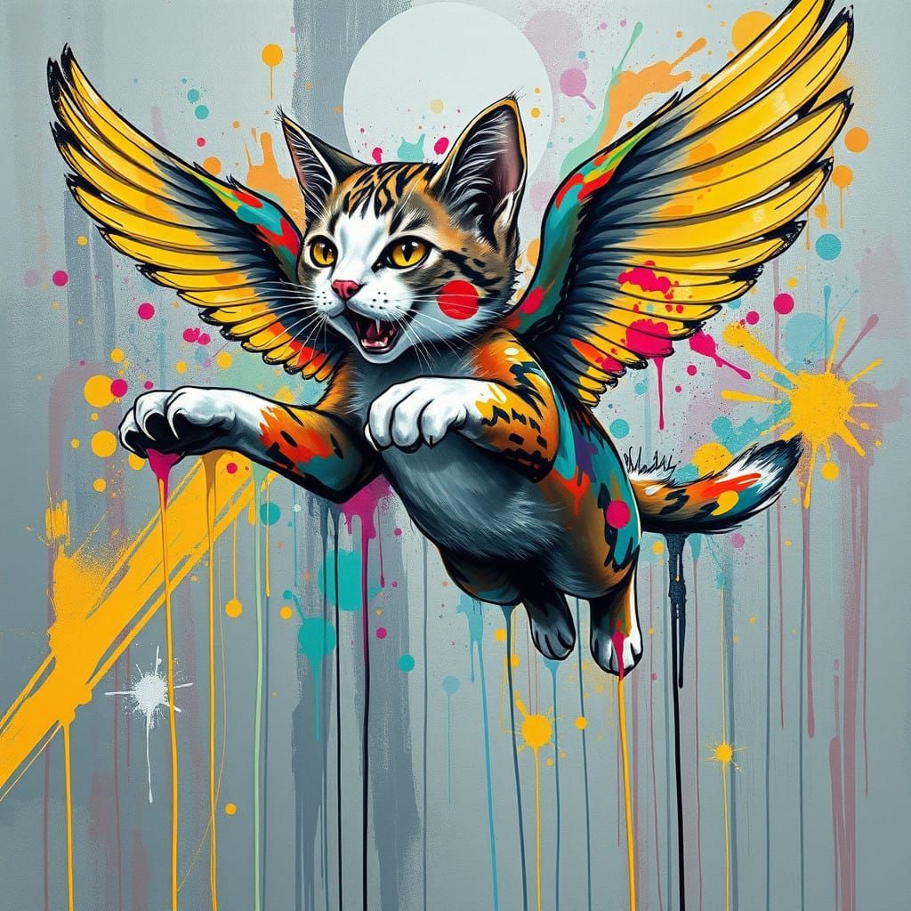 Vibrant Street Art Flying Cat