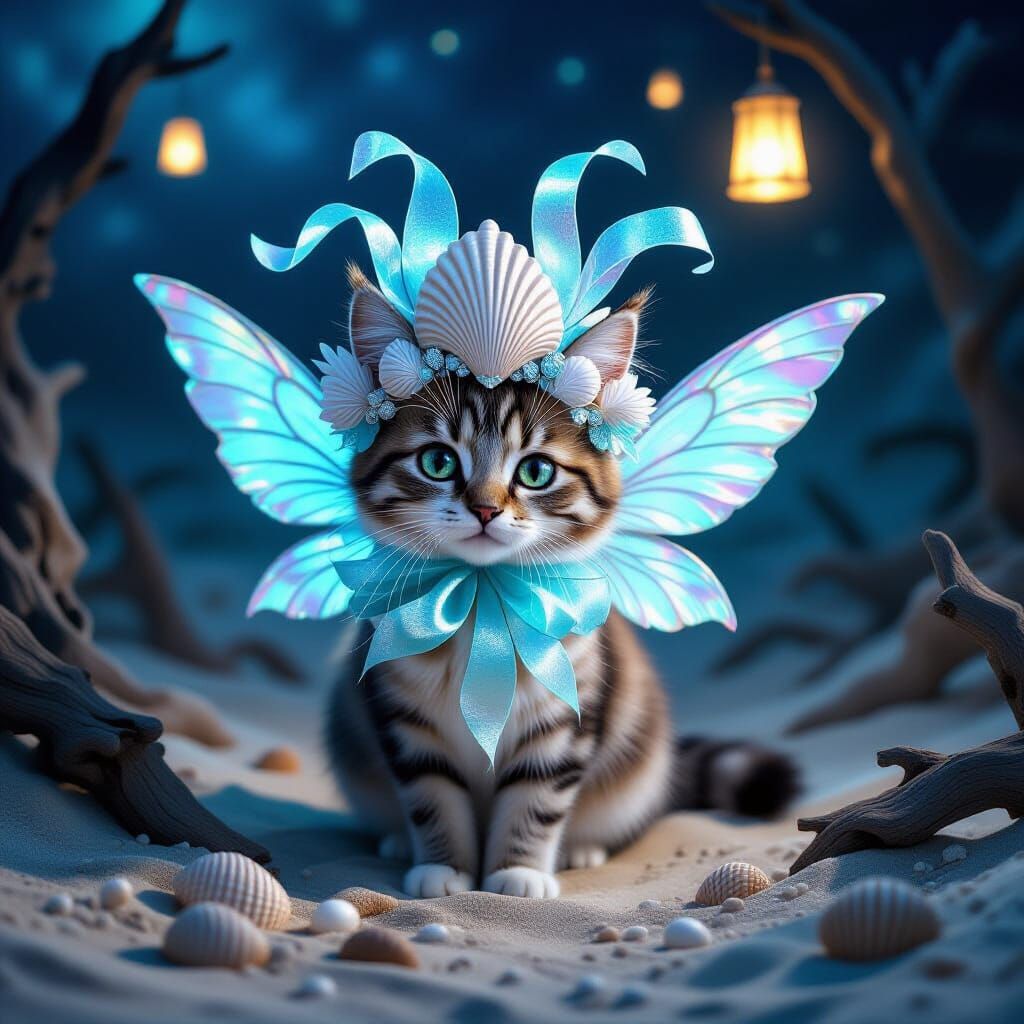 Winged Cat with Iridescent Headdress in Moonlit Scene