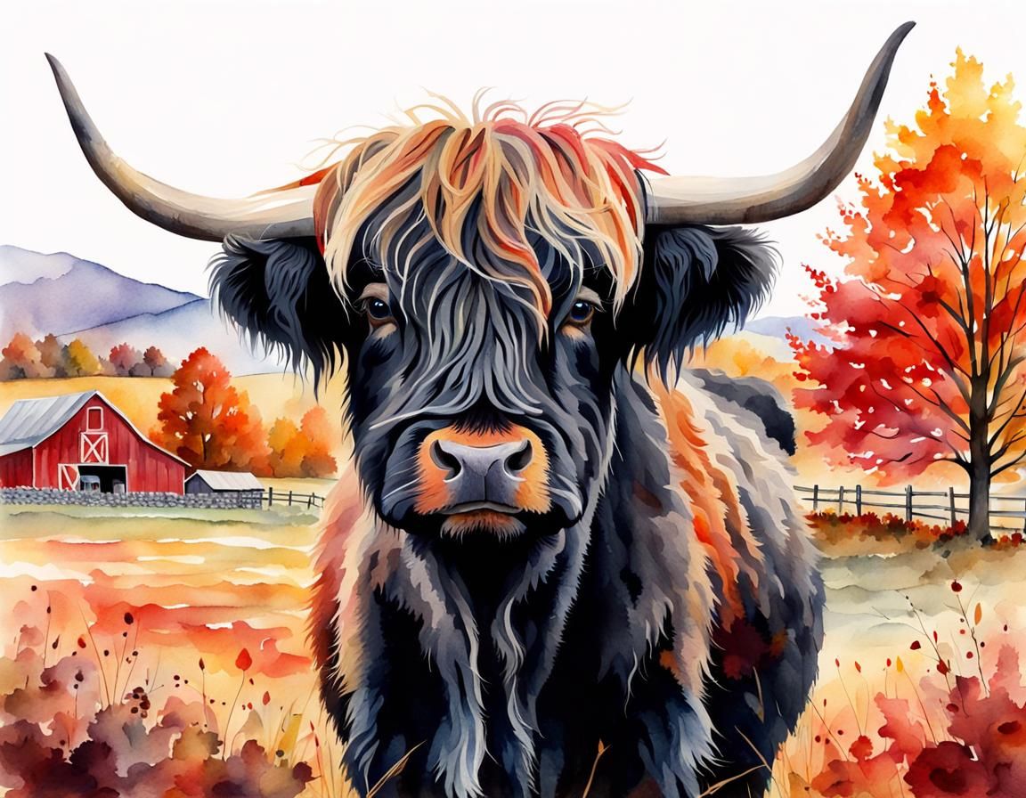 Watercolor Highland Cow in Autumn Landscape
