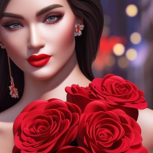 Stunning Woman with Roses in Hyperrealistic 3D Style