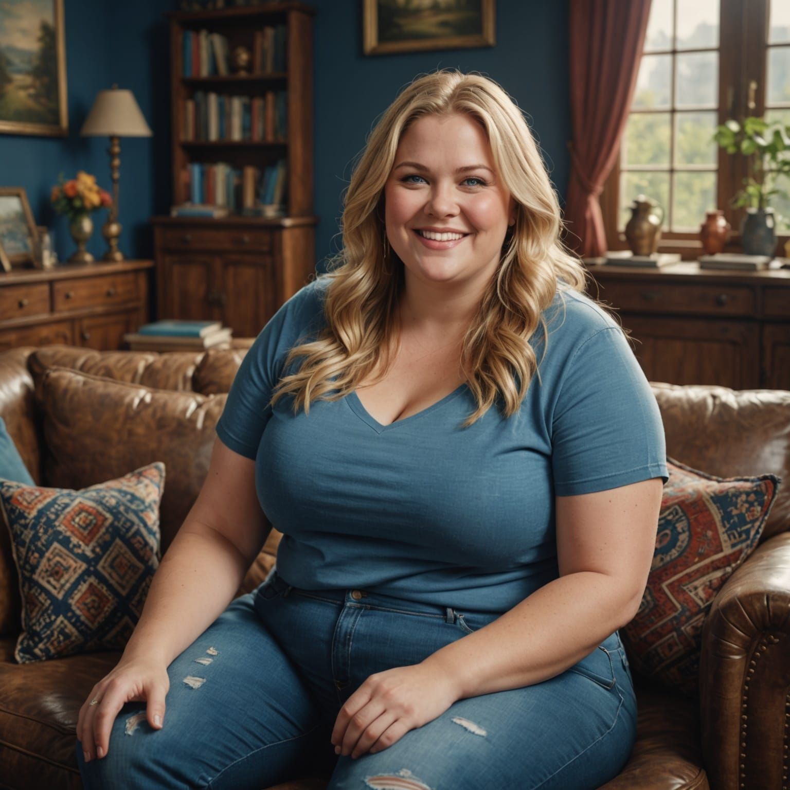 Charming Woman in Cozy Living Room Scene