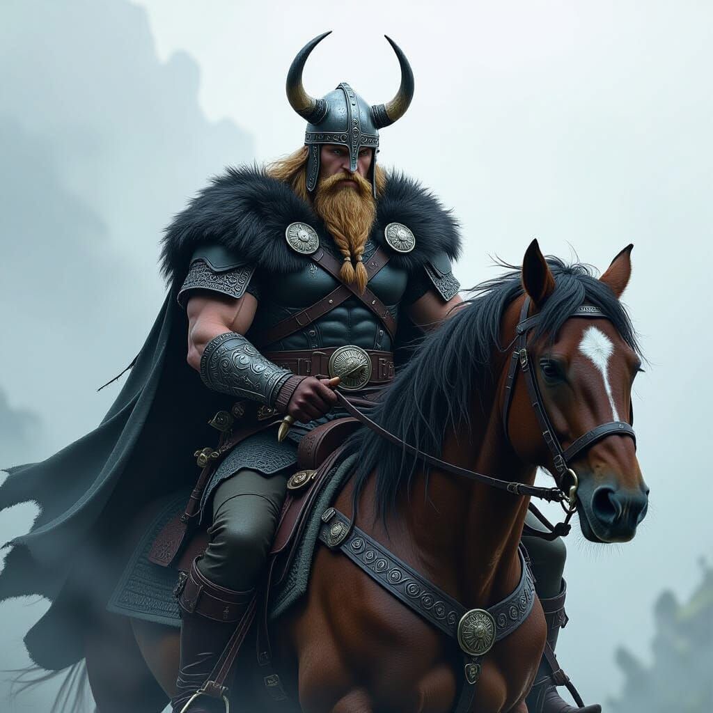Viking Warrior on Horseback in Mystical Fog