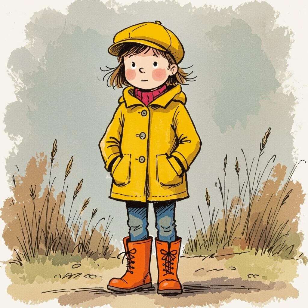 Child in Yellow Raincoat: Humorous Illustration