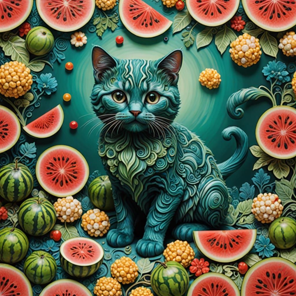 Whimsical Watermelon Kitten in Surrealist Wonderland