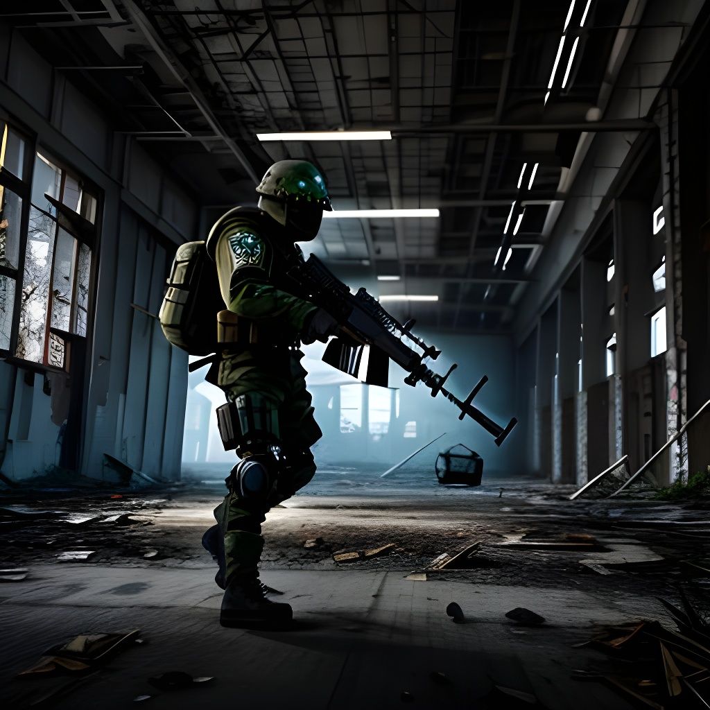 Armored Soldier in Abandoned Factory with AK-47