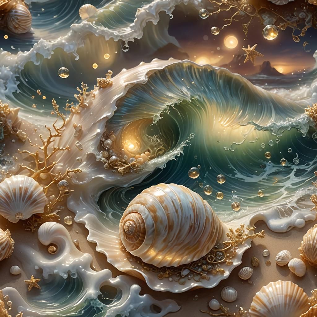 Stormy Seashell Fantasy Art in Kinkade Style