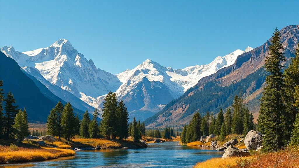 Majestic Snow-Capped Mountain River Landscape