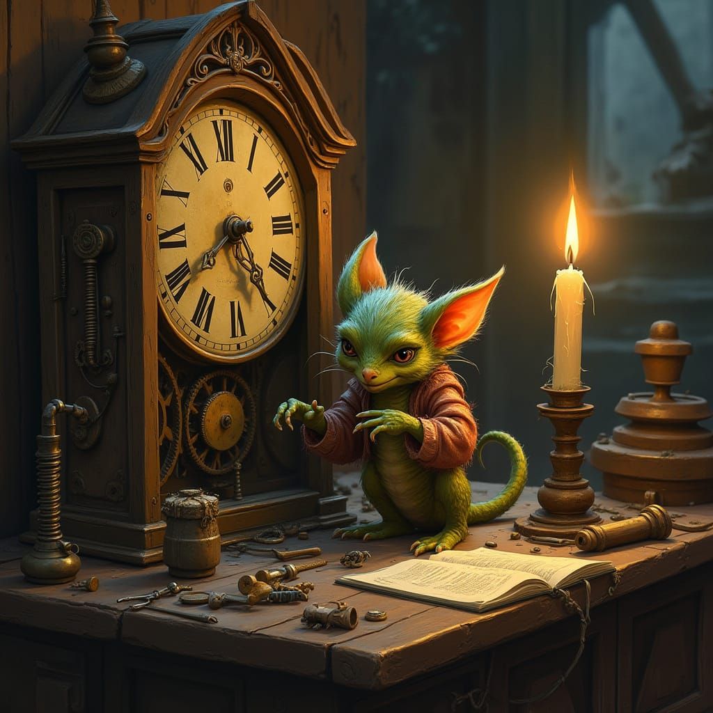 Gremlin Repairs an Antique Clock, Digital Art