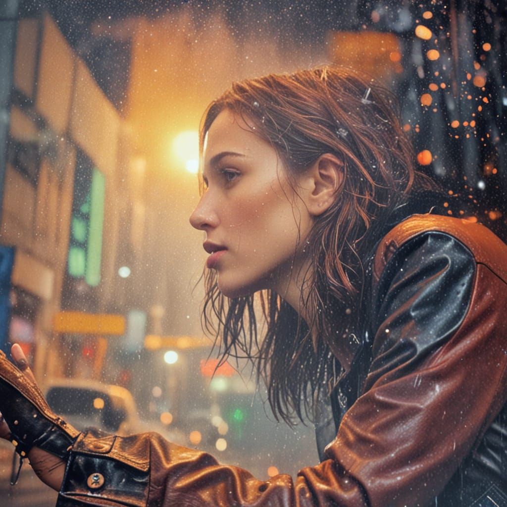Woman in Neon City Street, Cinematic Style