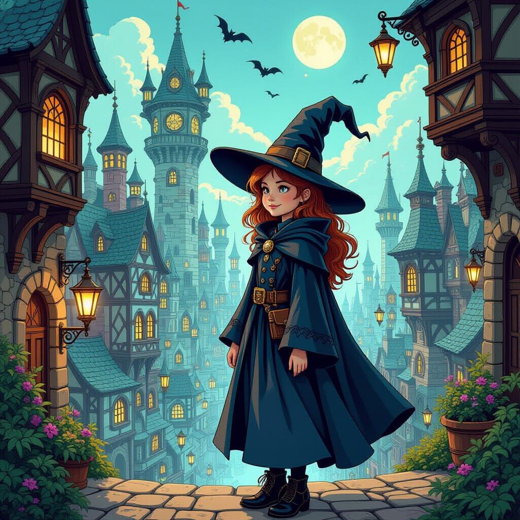 Steampunk Witch in Discworld City Illustration