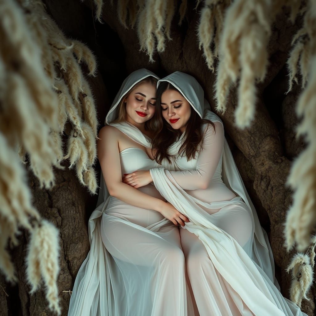 Romantic Caucasian Women Embracing in a Dreamy Spanish Moss ...