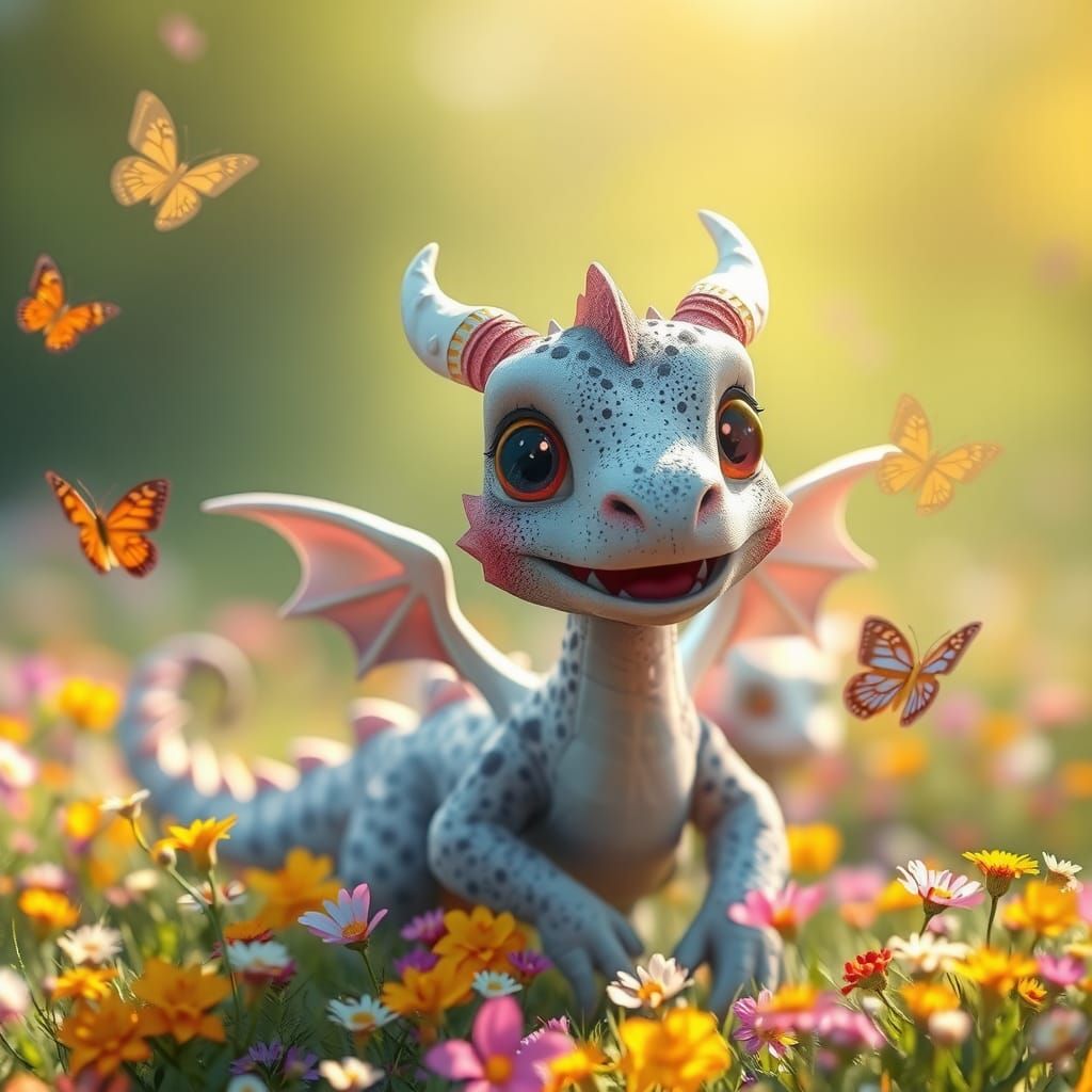 Cartoon Dragon Chasing Butterflies in Sunny Meadow
