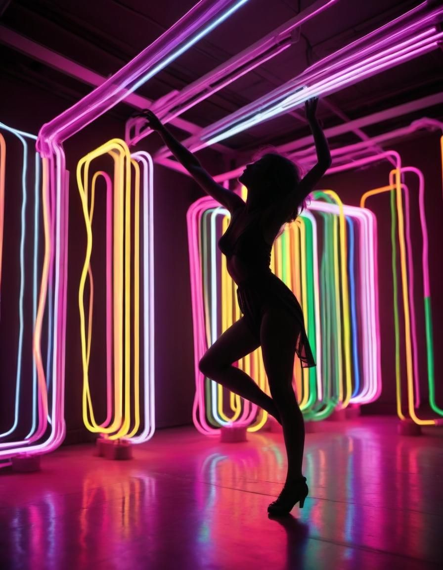 Neon Silhouette: A Woman Dancing in the Dark