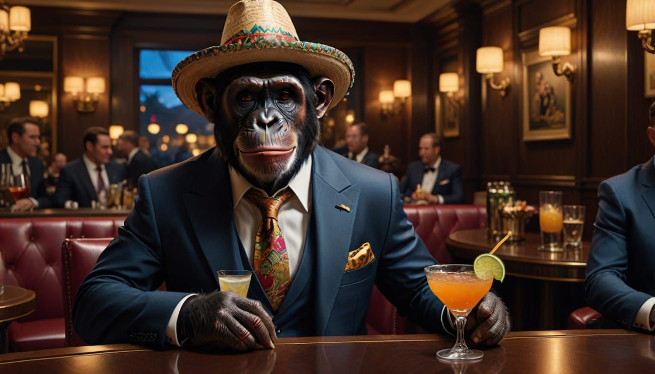 Chimpanzee in Sombrero Sipping Cocktail: Hyperrealistic Digi...