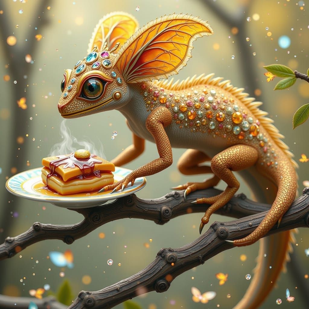 Whimsical Waffle-Dragon in Iridescent Scales, Perched on a D...