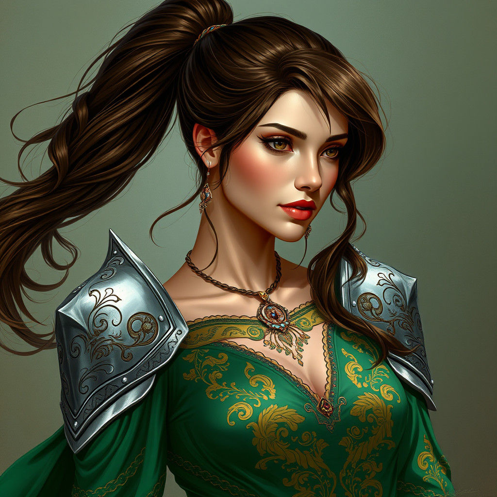 Woman in Green Dress with Silver Armor