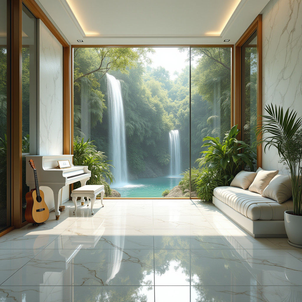 Luxurious Modern Bedroom with Jungle Waterfall View