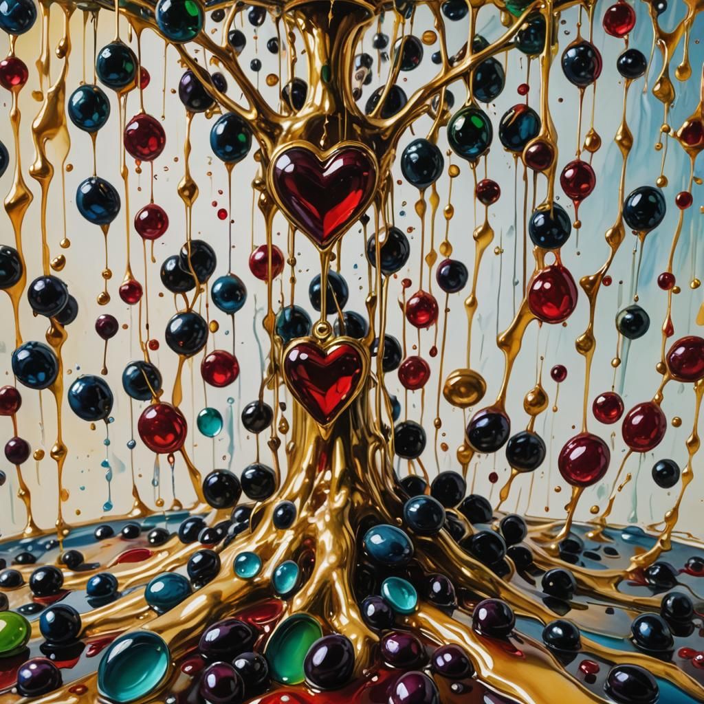 Surrealist Olive Oil Pressing with Dripping Hearts