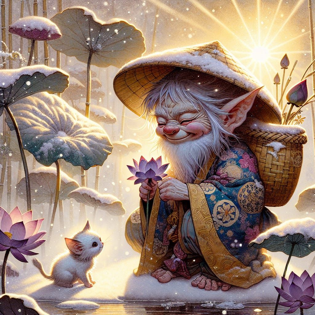 Gremlin Offering Lotus, Ukiyo-e Style