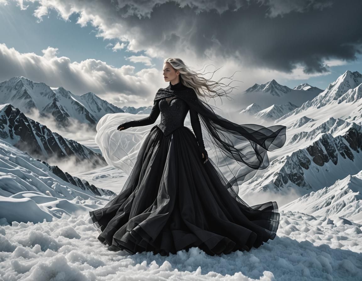 Mysterious Tulle Lady in Winter Storm, Hyperdetailed