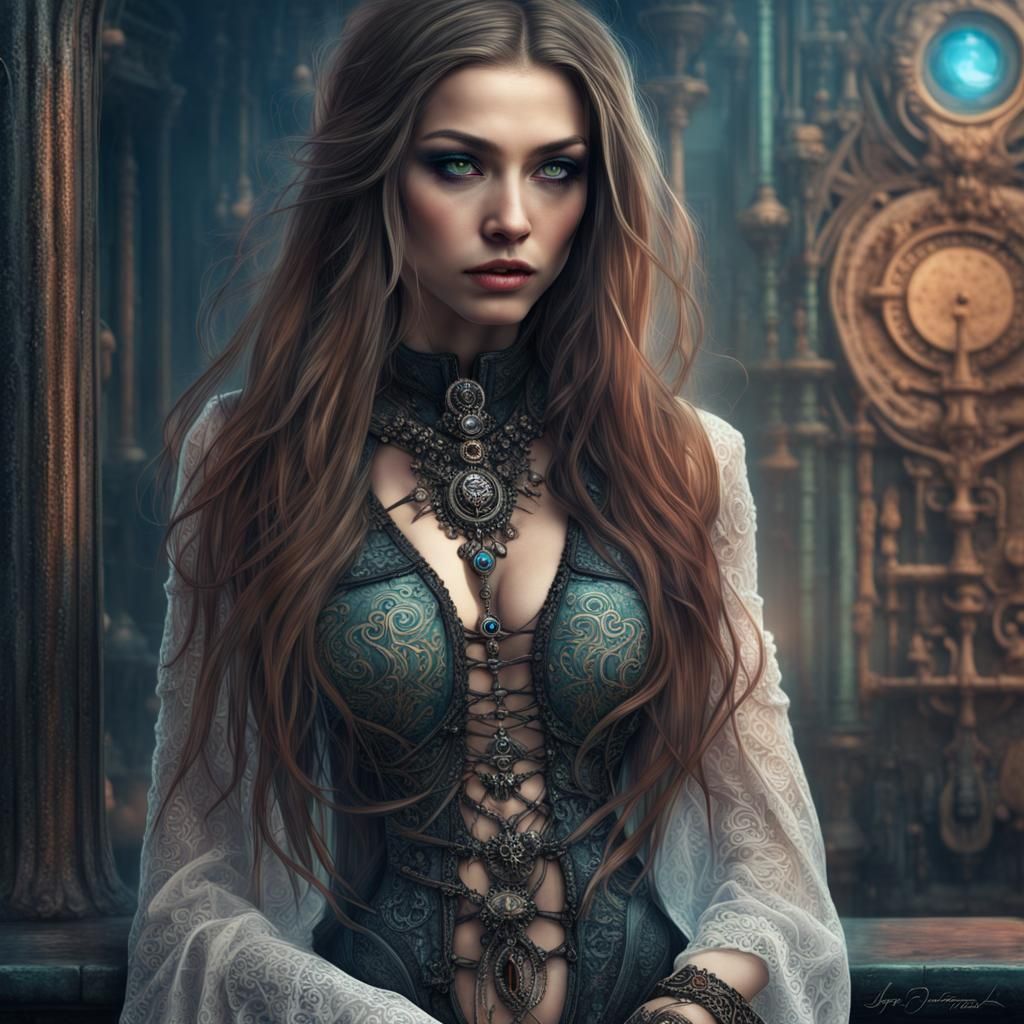 Steampunk, cyberpunk, gothic, tantric maiden.