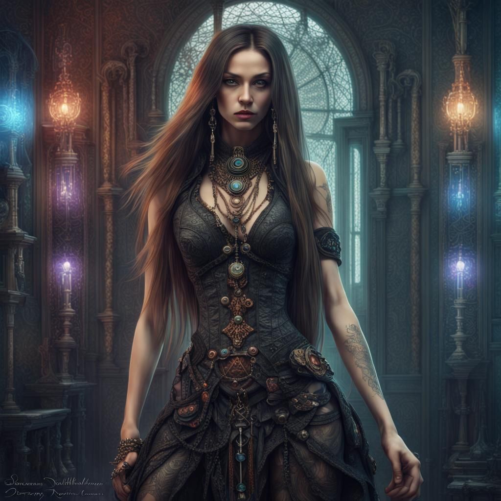 Steampunk, cyberpunk, gothic, tantric maiden.