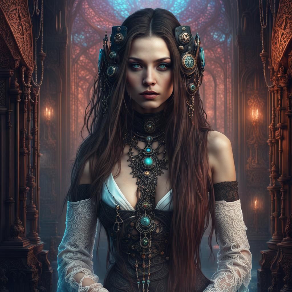 Steampunk, cyberpunk, gothic, tantric maiden.
