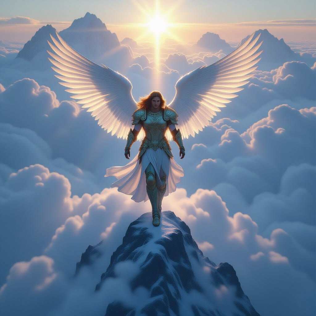 Archangel Michael Descends to a Cloud-Shrouded Peak