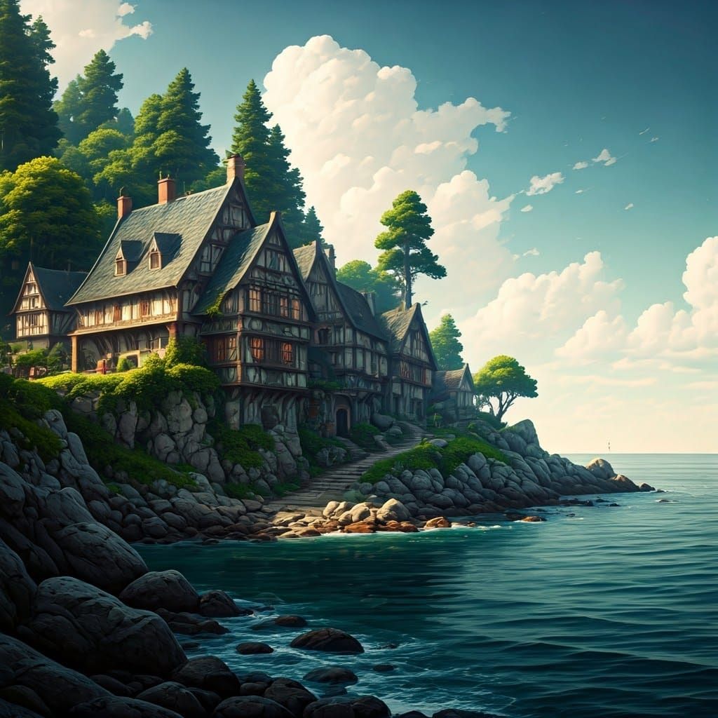 Whimsical Coastal Enclave in Triadic Hues