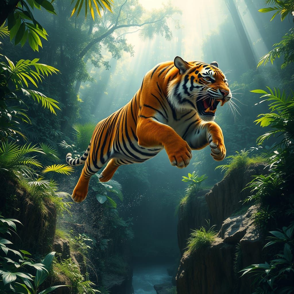 Majestic Bengal Tiger Leaps Through Jungle in Vibrant Colors