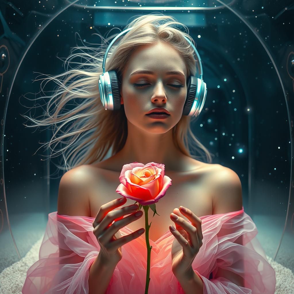 Ethereal Woman Dissolving in Cosmic Time Capsule