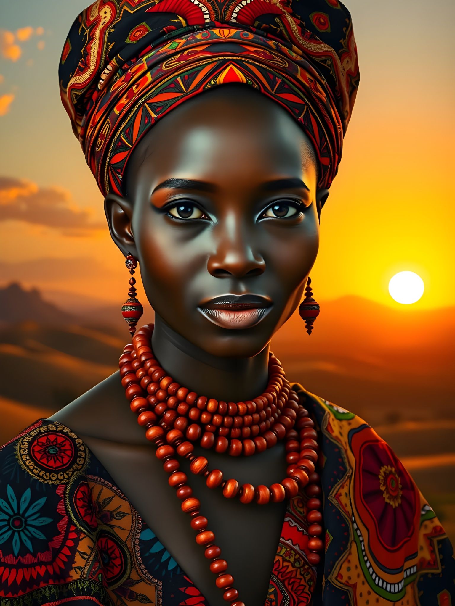 Regal African Beauty in Dreamlike Surrealist Landscape
