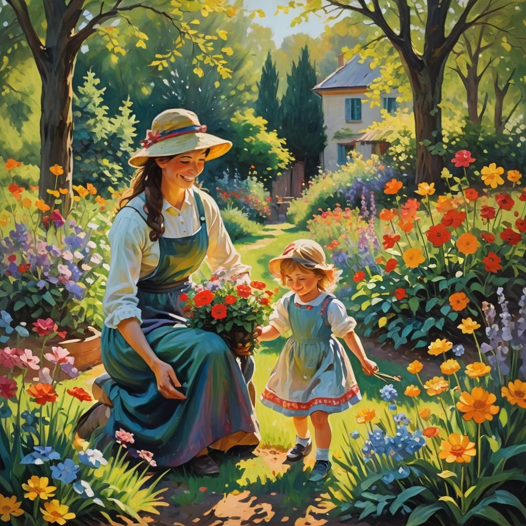 Woman and Child Planting Flowers as Oil Painting
