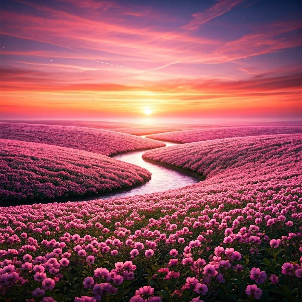 Pink Sunset Over Flower Field Landscape