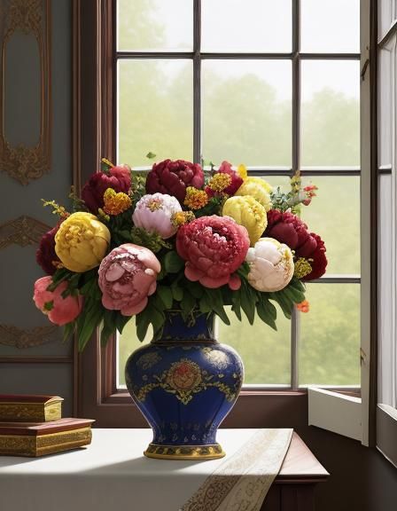 Peonies in Ornate Vase: Flemish Baroque Oil Pastel