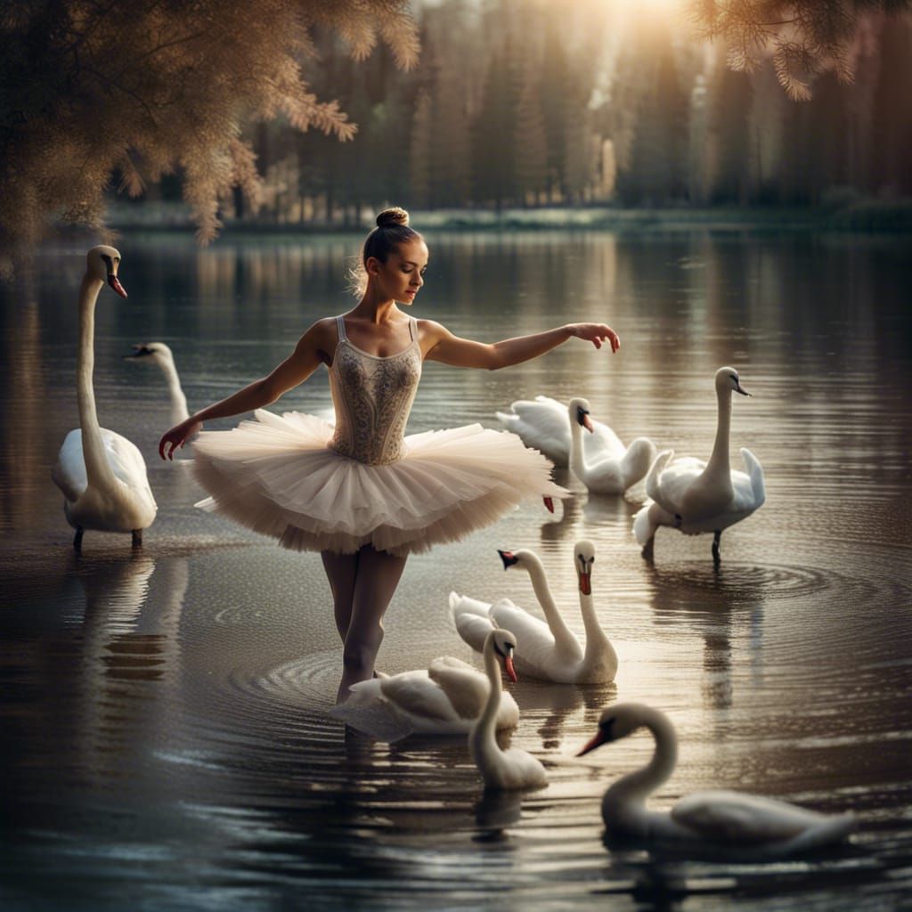 Hyperrealistic Ballerina Dances with Swans on Lake