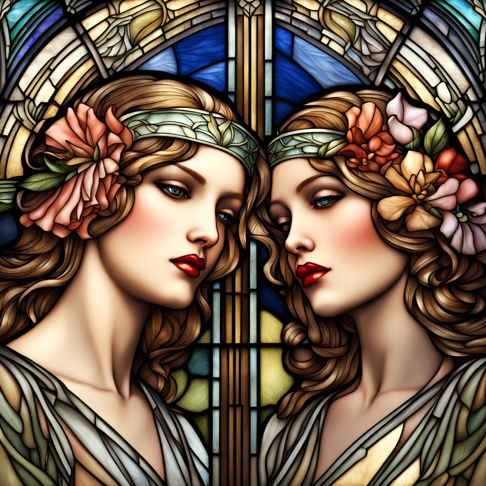 Art Deco Sapphic Romance with Angels and Flowers