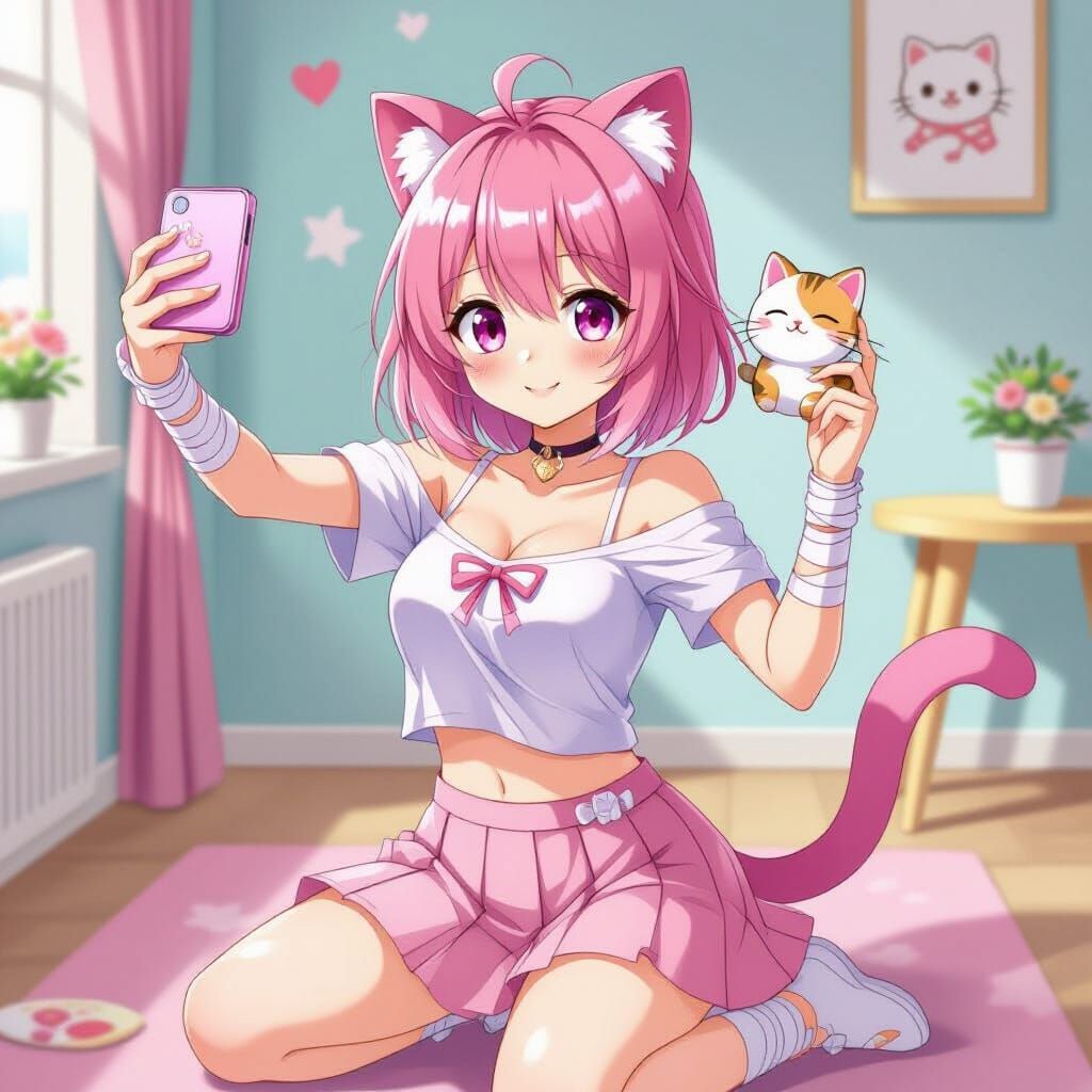 Anime Girl with Cat Ears Taking Selfie in Kawaii Style